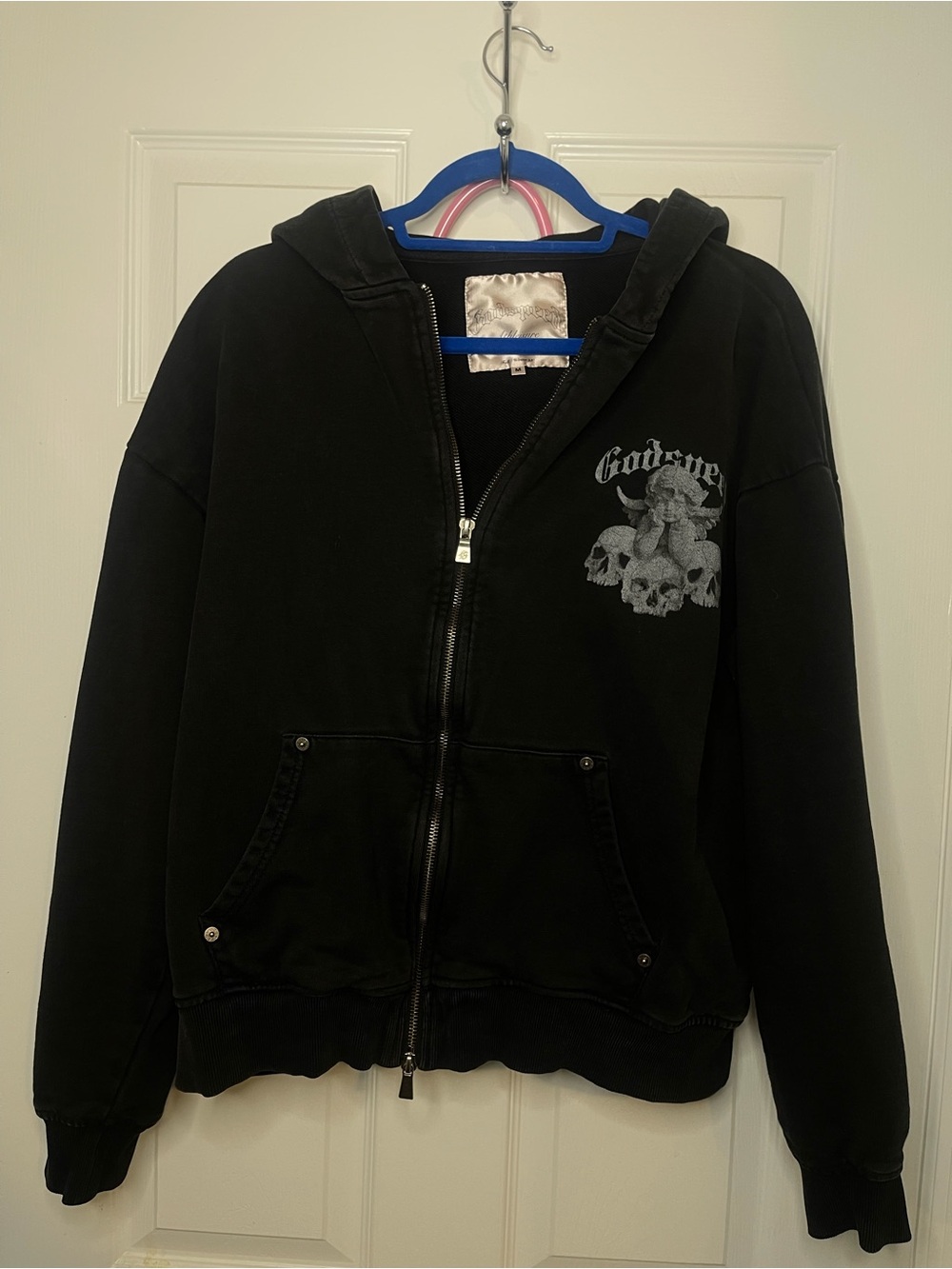 Men's Black Zip-Up Hoodie with Skull Graphic